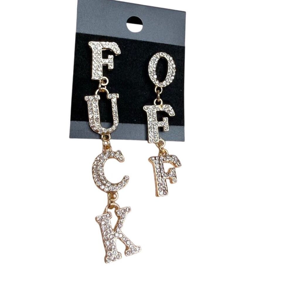 2/20 funny f off Gold funk punk Profanity adult Earrings Crystals novelty gift